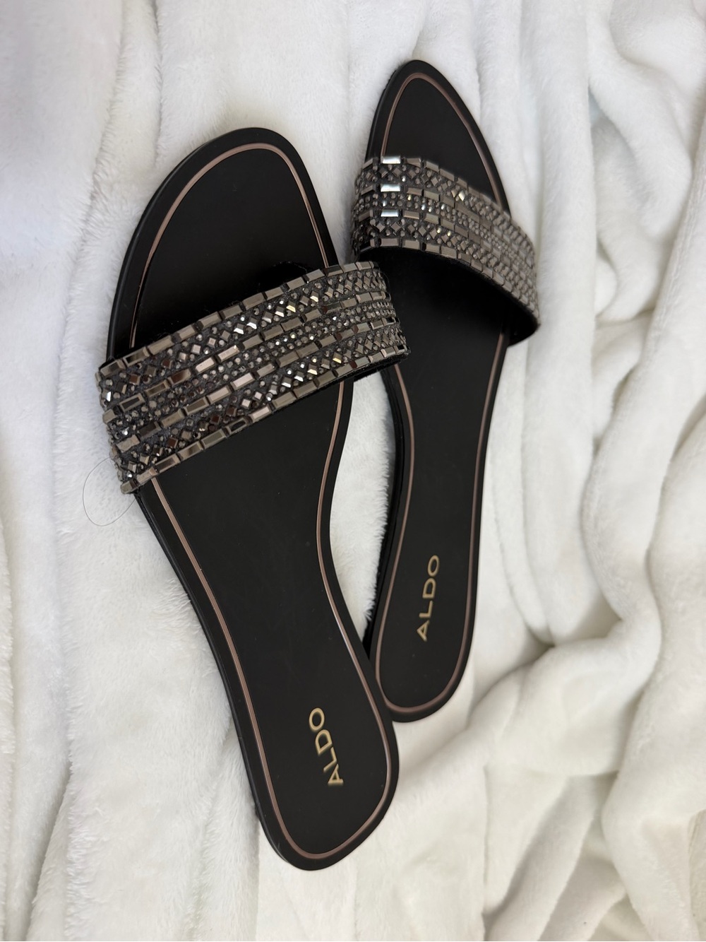 ALDO Black Slide Sandals with Gunmetal Beaded Straps - Picture 3 of 4